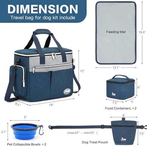 TAIHOYIN Dog Travel Bag for Pet Kit Outdoor with 2 Food Bags + 2 Collapsible Bowls + Feeding Mat + Dog Treat Bum Pouch 7-Piece Set for Pet Accessories Organizer Traveling Walking Camping, Navy Blue — view 6