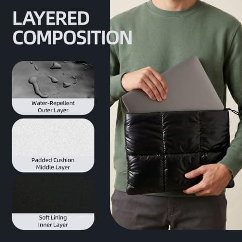 BAAGOAZ 13-14 Inch Puffy Laptop Sleeve, Quilted Metallic Black MacBook Case — view 3