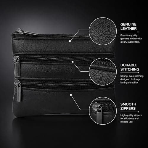 Black Genuine Leather Coin Pouch Wallet Double Zip Compact Travel Purse for Men & Women | Small Coin, Card & Cash Organizer — view 2