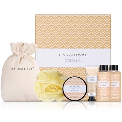 Spa Luxetique Gifts for Women, 6pcs Vanilla Bath Spa Gift Set, Travel Gift Box with Hand Cream, Body Lotion, Shower Gel, Bubble Bath, Mothers Day Gift, Valentine's Gifts for Her Christmas Gift