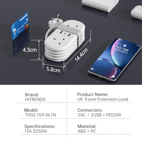 HITRENDS Travel Extension Lead with USB Slots, PD 20W USB C Fast Charger, 2 Plug Power Strip with 3 USB Ports (13A 3250W), Rollable Extension Cord 1.4M for Travel Office Home Camping — view 4