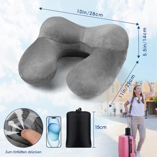 BBjinronjy Travel Pillow, Inflatable Neck Pillow for Airplane with Ear Plugs, Soft Velvet Ergonomic Neck Support Travel Pillow Inflatable for Office, Airplane, Car, Travel, Camping, Nap Pillow (Gray) — view 3