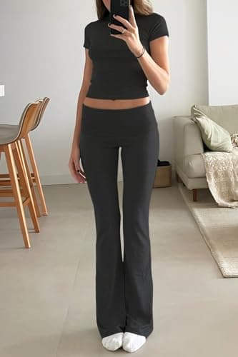 YETOWA Women's Yoga 2 Piece Outfits: Slim Short Sleeve Tops & Low Rise Flare Leggings Sets Versatile Fitness Sweatsuit, Black Short-sleeved Set, S — view 4