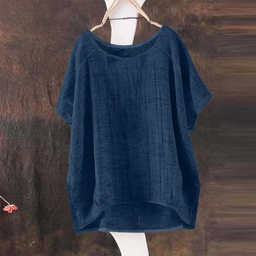 Women's Linen Blouse Summer Muslin Short Sleeve Shirt Crew Neck Basic Tops Elegant Cotton Linen Tops Plain Summer Vacation Beach Travel Blouse Light and Airy Sport Yoga Blouses & Tunics for Women — view 3