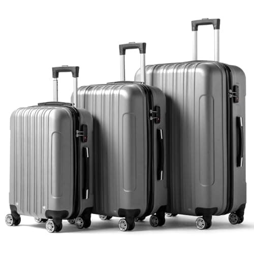 Karl home Set of 3 Suitcase Set, Luggage Sets with 4 Rolling Spinner Wheels TSA Lock, Lightweight Hardside Carry On or Check in Trolley Travel Case, Silver Grey ABS Hard Shell