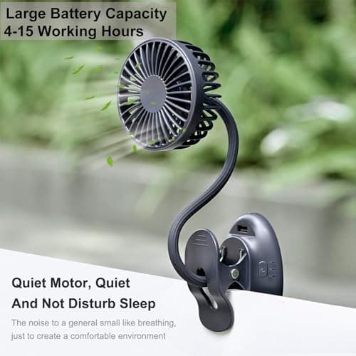 Clip On USB Mini Desk Fan with Emergency Power Bank, Battery Operated Rechargeable Portable Fan - Flexible Neck, 3 Speed Personal Cooling for Baby Stroller, Car, Camping, Office, Dorm, Beach - Black — view 3