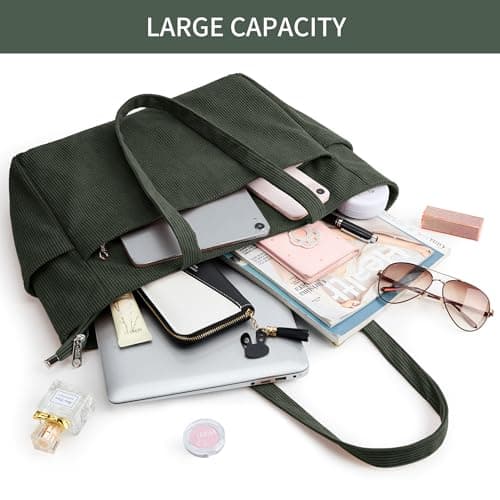 KALIDI FANCY FOREST Women's Green Corduroy Tote Bag With Zip, Medium (35x30x14cm), 15-Inch Laptop & A4 Folders, 4 Pockets, Waterproof, Solid Color, DXRB62 — view 4