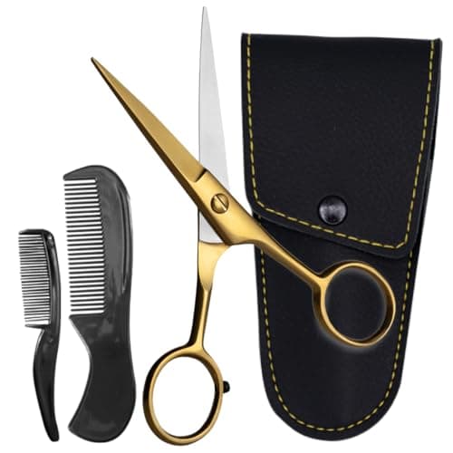 Ontaki 5" Beard & Mustache Scissor with Combs for Men - Gold Brass