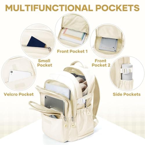 HYC00 School Backpacks for Teenage Girls Boys Casual Daypacks Lightweight School Bags for Girls Secondary High College Bookbag Lightweight Schoolbag Travel Rucksack Work Bag for Women Men,Beige — view 4