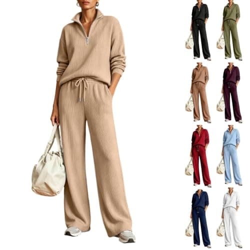Tracksuit Womens Full Set 2 Piece Lounge Wear Sets Ladies Long Sleeve Half Zip Tops and Jogging Bottoms Comfort Activewear Sets Fashion Casual Thermal Autumn Winter Outfits Khaki M