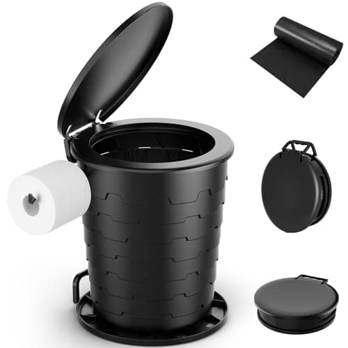 WADEO Upgraded Foldable Camping Toilet, Collapsible Potty with Lid & Toilet Roll Holder, Portable Travel WC for Camping, Trip, Car (Black - Retractable)