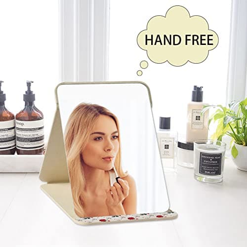 OSDUE Folding Tabletop Mirror, 20.5 * 15.5cm Beige PU Leather Portable Travel and Desktop Vanity Mirror with Stand for Office Desk, Vanity Table, Camping — view 5
