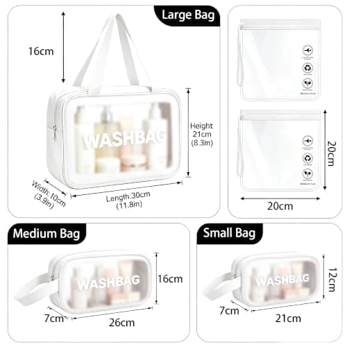 WUBAYI 5Pcs Clear Toiletry Bag, Waterproof PU Makeup Bag with Zipper Handle, Portable Airport Cosmetic Bag for Women & Men, Travel Accessories Wash Bag for Travelling & Holiday (5 Packs White) — view 2