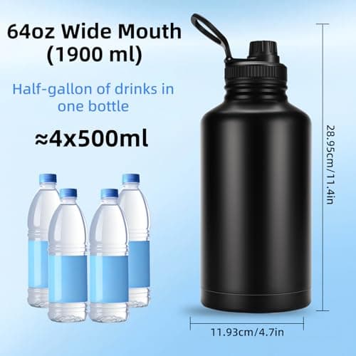FOLAI Insulated 2 Litre Stainless Steel Water Bottle with Straw Lid and Flex,Adult Large Drinks Bottle,Large Gym Sports Metal Drinking Flask,for Outdoor, Hiking, Riding, and Gift Giving（Black） — view 4
