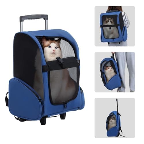 joukares 3-in-1 Portable Pet Carrier, Cat Backpack with Ventilation, Pet Stroller with Wheels & Telescopic Handle, Pet Carrier on Wheels, Carriers & Travel Products for Dogs & Cats Royal Blue