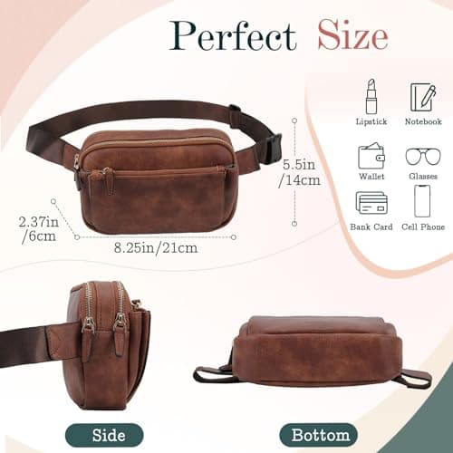 Waist Bag for Women, VX VONXURY Vegan Leather Bumbags Fanny Pack Lightweight Crossbody Belt Bag with Adjustable Strap for Outdoor Running Hiking,Brown — view 3