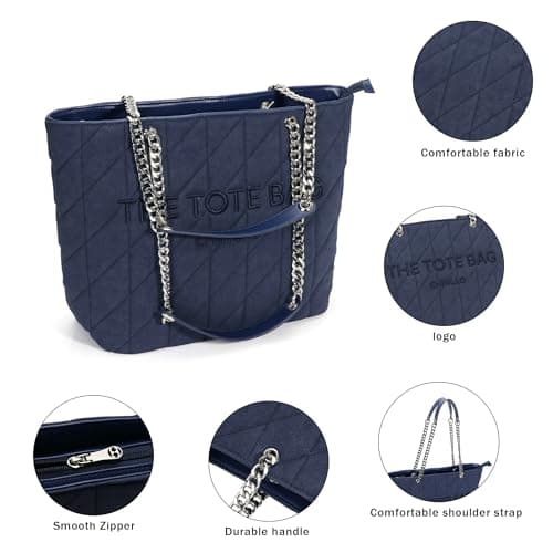 Chinllo Tote Bag for Women, Large Suede Quilted Top Handle Chains Handbags Purse (Es.Navy) — view 3