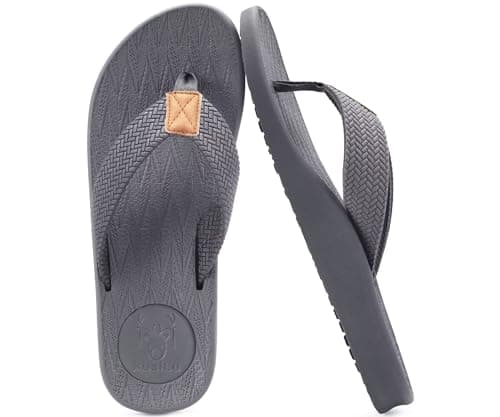 KuaiLu Mens Flip Flops Arch Support Thong Sandals Leather Walking Grey 8.5