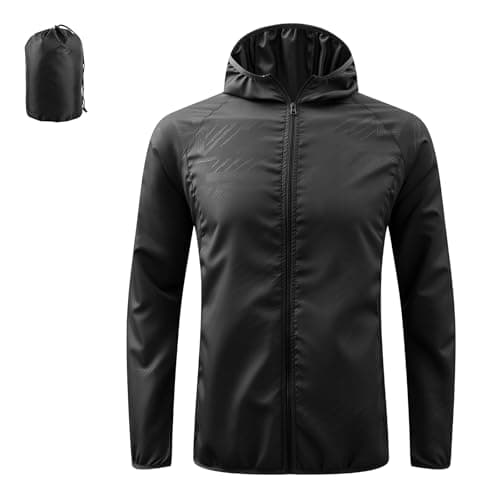 zoogobee Men's Lightweight Packable Hooded Waterproof Jacket, Windproof Sun Protection Rain Coat for Hiking Cycling Travel Running Commuting (UK, Alpha, L, Regular, Regular, Black)