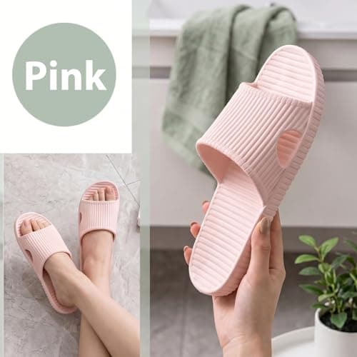 PUYTG Shower Shoes for Women/Men, Non-Slip Flat House Slipper Sandals, Lightweight Soft Flip Flop Shoes, Ladies Sliders for Home Bathroom Garden Poolside Beach Travel, Pink, 6/7 UK — view 6