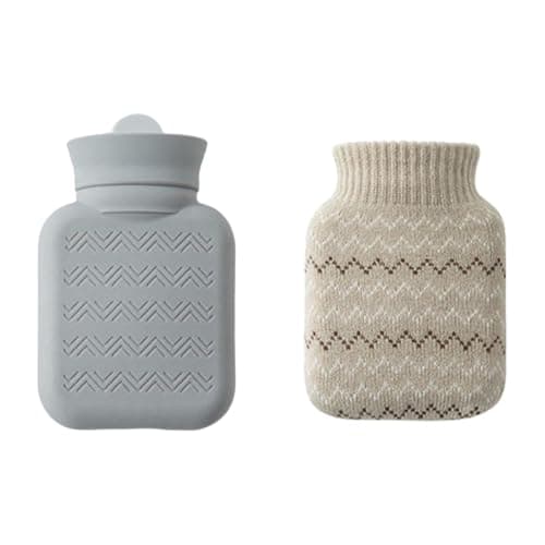 Mini Hot Water Bottle with Grey Knitted Cover, for Pain Relief