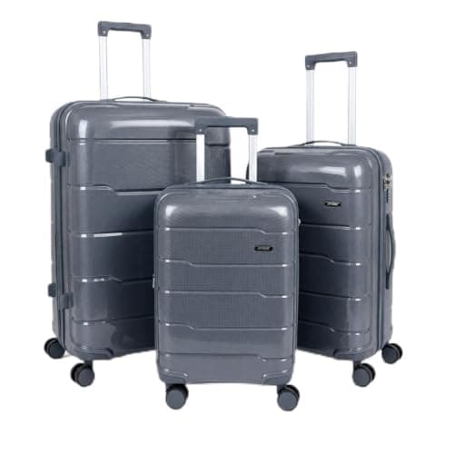 RYDR 3 Piece PP Hardshell Suitcase Set – 20" Cabin, 24" Medium & 28" Large Luggage with TSA Combination Lock, 360° Spinner Wheels & Adjustable Telescopic Handle, Lightweight Travel Cases (Grey)