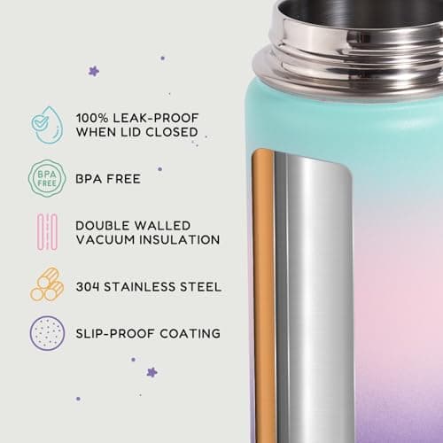 Fijinhom Kids Water Bottle for School, 360ml/12oz, Toddler Water Bottles with Straws, Stainless Steel Vacuum Insulated Water Bottles for Boys&Girls, Leak-Proof, BPA-Free,Aurora — view 3