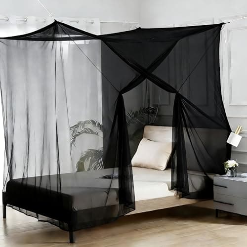 Mosquito Net for Bed, 4 Corner Post Curtains-Single-Door Design Bed Canopy Single Bed Mosquito Net Set Bed Canopy for Girls Easy Installation for Travel and Home Garden, Camping (Black)