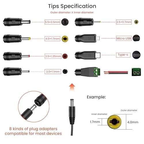 12V 2A DC Power Supply UK Plug AC Adapter with 8 DC Plug Tips, Converter Driver AC 100-240V Supply to DC 12V, AC to DC Converter Adapter Transformer for CCTV Camera, USB 3.0 HUB, LED Lights — view 5