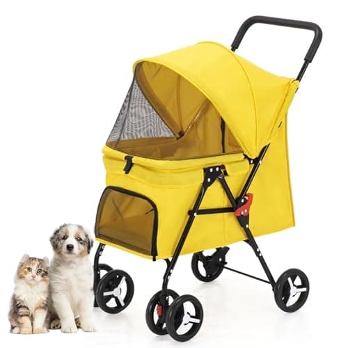 RUYICZB Breathable Foldable Jogger Stroller,Travel Puppy Stroller with 360° Rotating Sturdy Wheels,Pet Stroller with Rear Storage Bag and Visible Mesh,Yellow