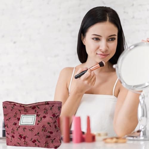 2 PCS Floral Makeup Bags Floral Cosmetic Bag Rose Flower Printing Corduroy Toiletry Bag Pink Quilted Cosmetic Pouch Makeup Organizer Cotton Portable Pouch with Metal Zipper for Women Girls — view 5