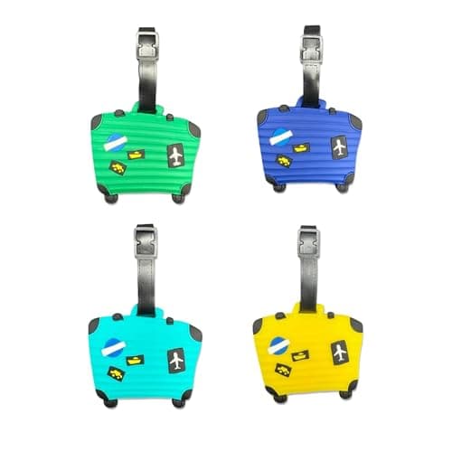 Suitcase Shaped Silicone Luggage Tag Set of 4 – Hidden ID Card Insert, Flexible Travel Bag Identifiers – Strong Straps for Suitcases, Backpacks, Cabin Bags, Flights, Holidays and School Trips