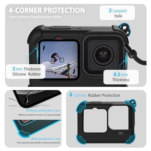 FitStill Silicone Protective Case Set for Go Pro Hero12 /Hero11 /Hero 10 /Hero 9 Black, Battery Side Cover + Lens Cover + Screen Protector + Lanyard (For Go Pro Hero 12/11 /10/9 Black) Accessory Kit — view 2