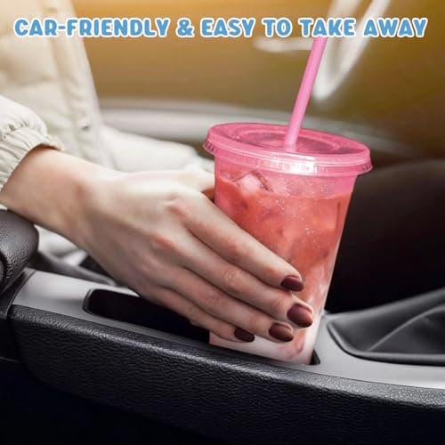 HJLIKE 12 Pack 710ml Reusable Plastic Cups with Lid Straws Letter Stickers and Cleaning Brushes, Glitter Water Cold Coffee Tumber for Birthday Hen Do Party Travel Beverages Drinking (Glitter Pink) — view 5