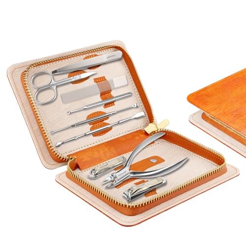 ZIZZON Manicure Set Professional Stainless Steel Toenail and Fingernail Clippers Set 9 in1 Pedicure and Grooming kit with PU Leather Case (Orange)