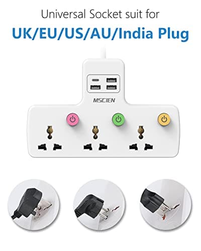 Travel Plug Extension, UK To EU Multi Plug with USB, 3 Way Individual Switched Sockets with USB C Extension Cord (10A/2500W) — view 4