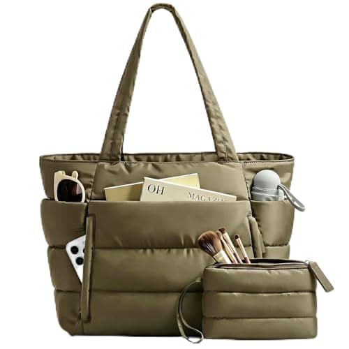 ZJEEACO Puffer Tote Bags for Women, Quilted Handbag for School, Waterproof College Bag with Zip, Lightweight Laptop Tote Bag with Compartments for University Work Gym Beach Travel Swim (Olive Khaki)