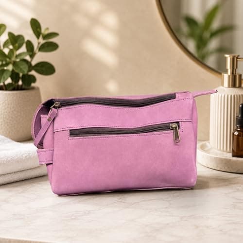 PRASTARA Leather Toiletry Bag for Men, Travel Essentials Shaving Dopp Kit Bathroom Shower Toiletries Organizer, Cosmetic Make up Bag for Women (MAGENTA) — view 3