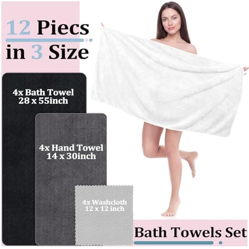 Preboun 12 Pcs Bath Towels and Washcloths 4 Sets Microfiber Bathroom Beach Pool Towel Set Quick Dry Coral Velvet Highly Absorbent for Fitness Sports Shower Travel Spa Hotel (Monochrome Neutrals) — view 4