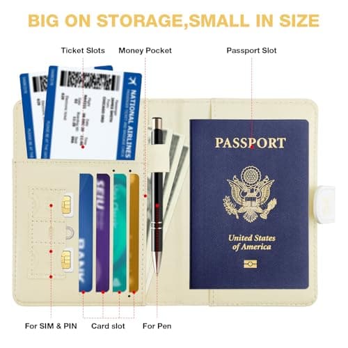 Passport Holder with Airtag Slot, RFID Blocking Leather Cover Wallet for Travel Essentials, Cute Passport Book with Magnetic Buckle, Travel Accessories for Women, Beige, Classic — view 4