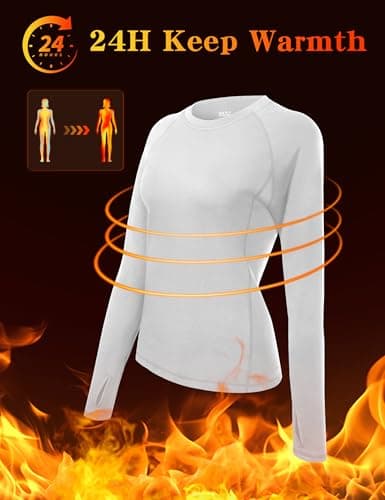 WISMBOX Womens Long Sleeve Thermal Tops, Soft Warm Fleece Lined Compression Shirts Crew Neck Winter Ski Workout Base Layer White — view 3
