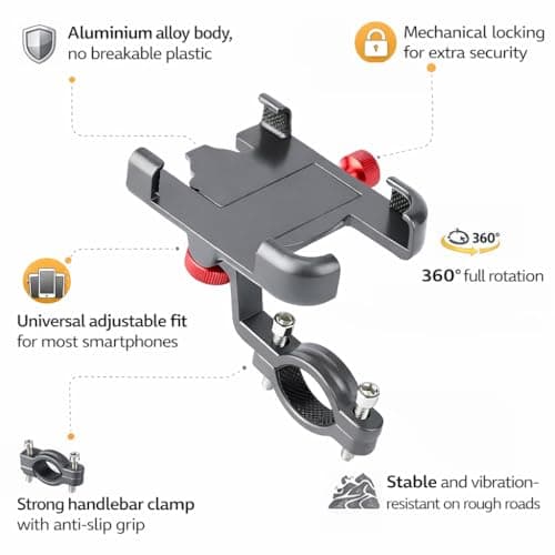 Bike Phone Holder, Aluminium Bike Phone Mount with Secure Lock, 360° Rotatable Motorbike Phone Holder, Heavy-Duty Anti-Slip Clamp, Fits 3.5–7 Inch Smartphones, 20–35mm Handlebars — view 3