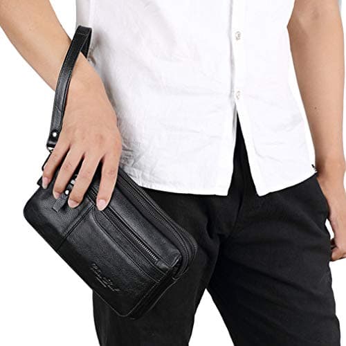 Men Clutch Bag Leather Wrist Purse for Men Women Travel Outdoor Business Organizer Wristlet Strap Pouch Coin Money Wallet Handbag Daypack Black — view 3