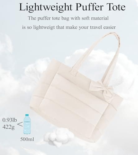 CTWWFS Puffer Tote Bag for Women, Quilted Bow Tote Bag with Cup Holder & 15.6 In Laptop Compartment for Work, Travel, Gym, College (Beige) — view 6