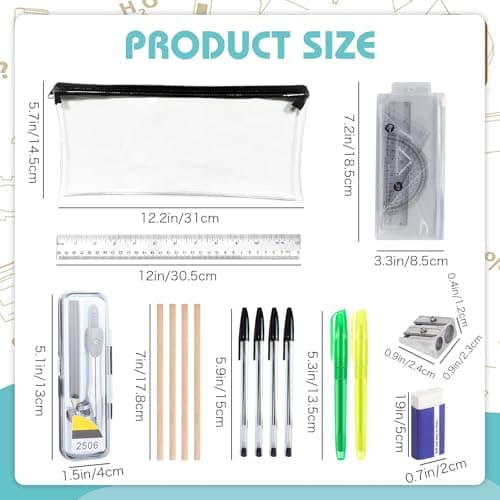 Wlleoaa School Stationary Sets, Back to School Stationery Set, Exam Stationer Set, Maths Sets, with Pen, Ruler, Protractor, Compass, Highlighter, Pencil Case, Eraser, for Office, Home, Schools — view 2