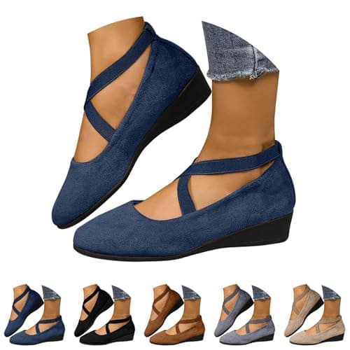 ziubauyke Women's Ballet Flats Closed Toe Crisscross Strap Wedge Shoes Comfy Summer Wide Fit Sole Stretchy Ankle Ballerina Ladies Comfy Dress Elegant Slip-On Pump Shoes Size 6.5 Blue — view 5