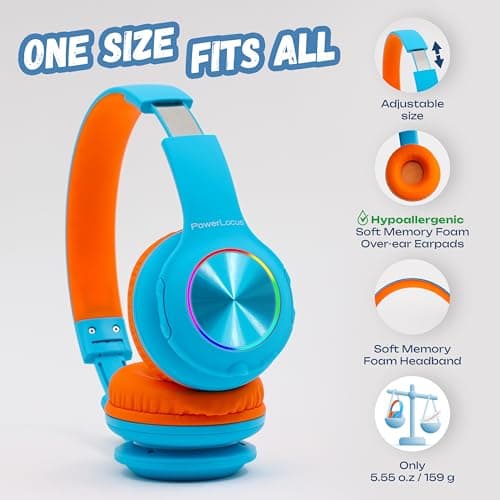 PowerLocus Kids Headphones, Bluetooth Headphones Over Ear for Kids with LED Lights, 94db Volume Limited Headphone, Micro SD/TF, Foldable with Hi-Fi Stereo,Built-in Mic for School/Tablet/Travel — view 5