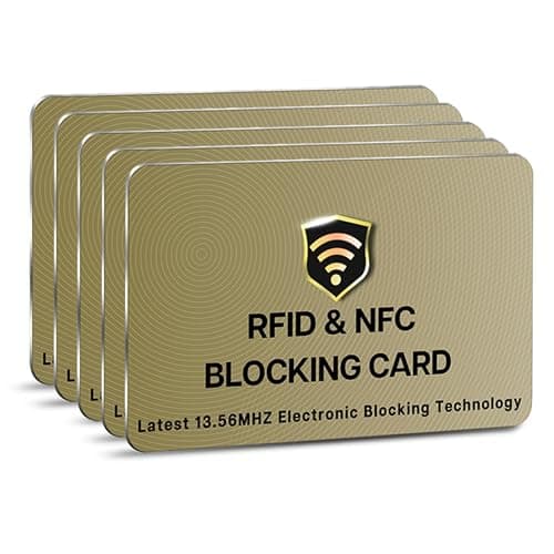 SAITECH IT RFID Blocking Card, 5 Pack Premium Contactless NFC Debit Credit Card Passport Shield Protector Blocker Set for Men & Women, Smart Slim Design Perfectly for Wallet/Purse - Golden