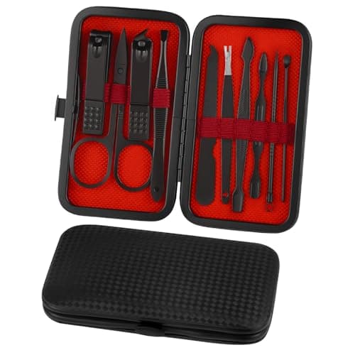 ALIIP Professional Manicure Set,10-Piece Stainless Steel Nail Clipper Kit with Leather Case, Portable Travel Nail Care Set for Women & Men, Press-Lock Design for Home & Gifting,Red