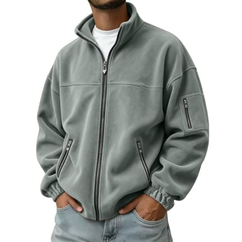 Fleece Jacket Mens Oversized Stand Collar Multi Pocket Solid Full Zip Coat